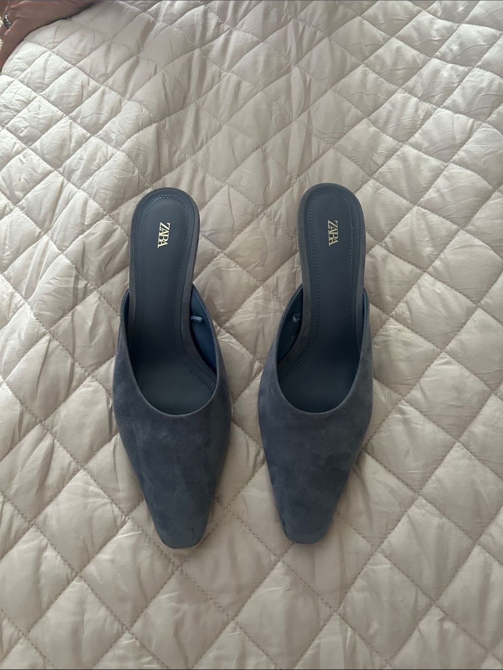 ZARA Slate Blue Suede Pointed-Toe Mules